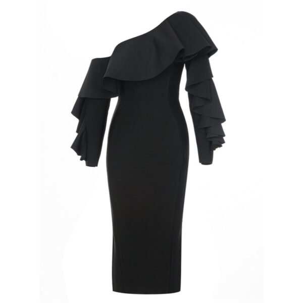 Angela Black Ruffle Long Sleeve Off Shoulder Midi Dress