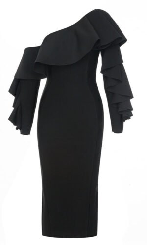 Angela Black Ruffle Long Sleeve Off Shoulder Midi Dress