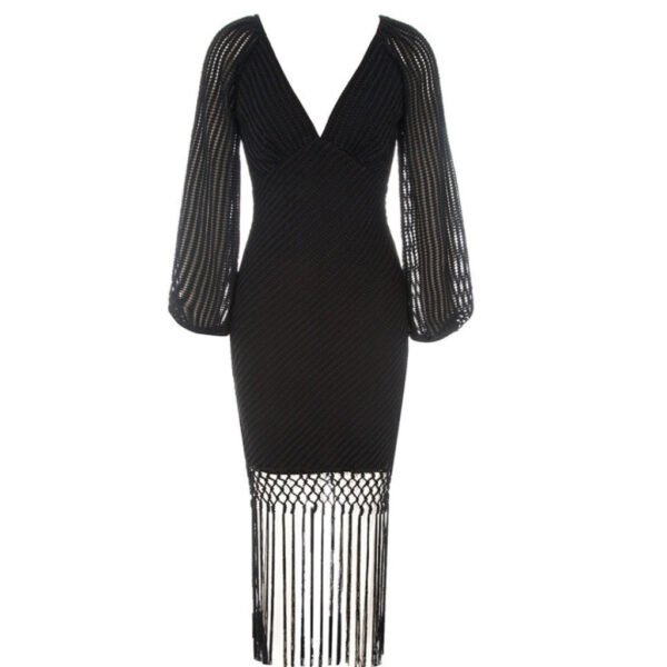 Arielle Black Long Sleeve V-Neck Tassels Dress