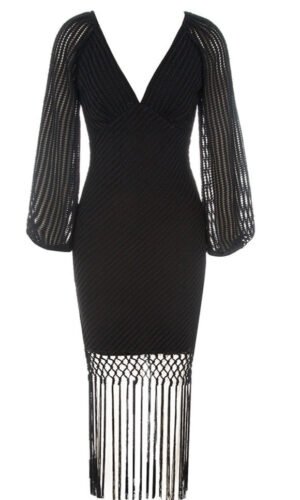 Arielle Black Long Sleeve V-Neck Tassels Dress