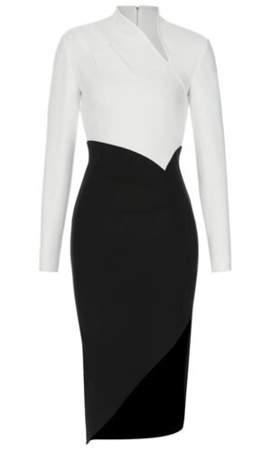 Leanna Black White Long Sleeve Midi Dress