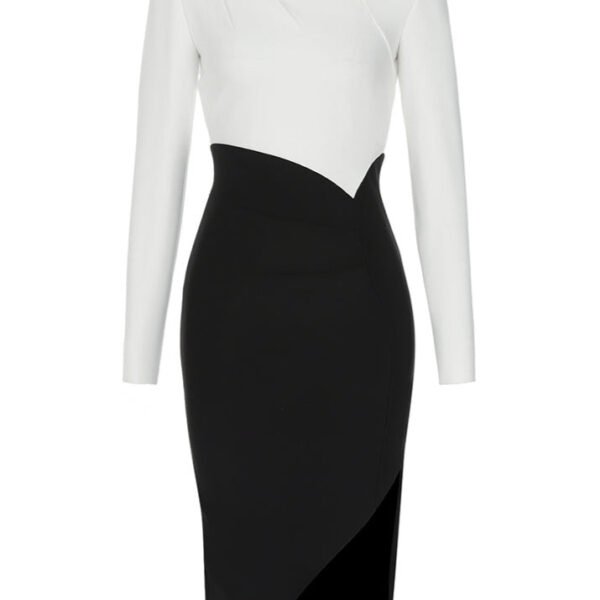 Leanna Black White Long Sleeve Midi Dress