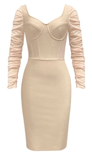 Colette Beige Mesh Long Sleeve Mini Dress