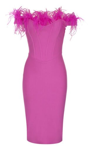 Greta Hot Pink Feather Off Shoulder Midi Dress