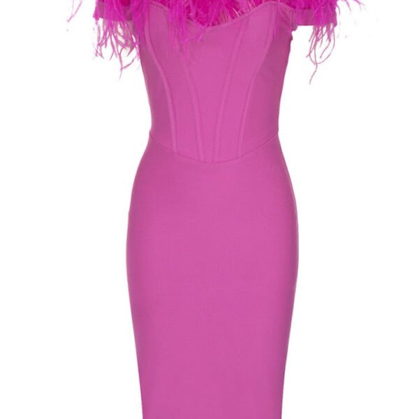 Greta Hot Pink Feather Off Shoulder Midi Dress