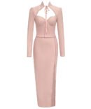 Natalie Pink Long Sleeve Lace Detail Midi Dress