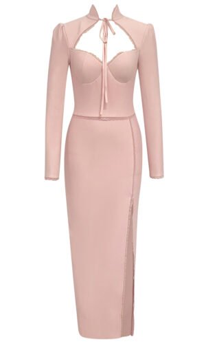 Natalie Pink Long Sleeve Lace Detail Midi Dress