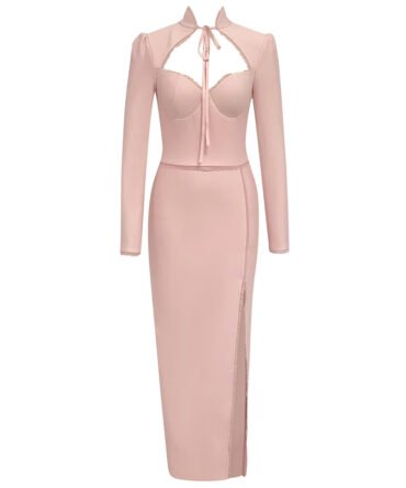 Natalie Pink Long Sleeve Lace Detail Midi Dress