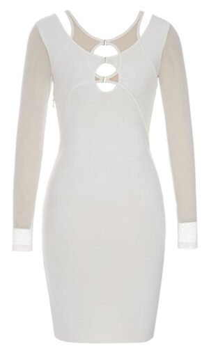 Belle White Mesh Long Sleeve Mini Bandage Dress with Straps