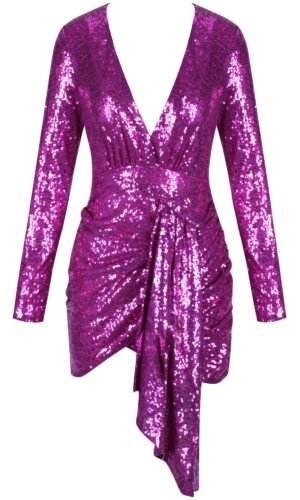 Gianna Pink Long Sleeve V Neck Sequins Mini Dress