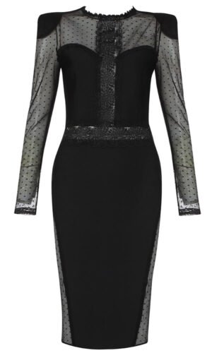 Leila Black Lace Mesh Long Sleeve Midi Dress