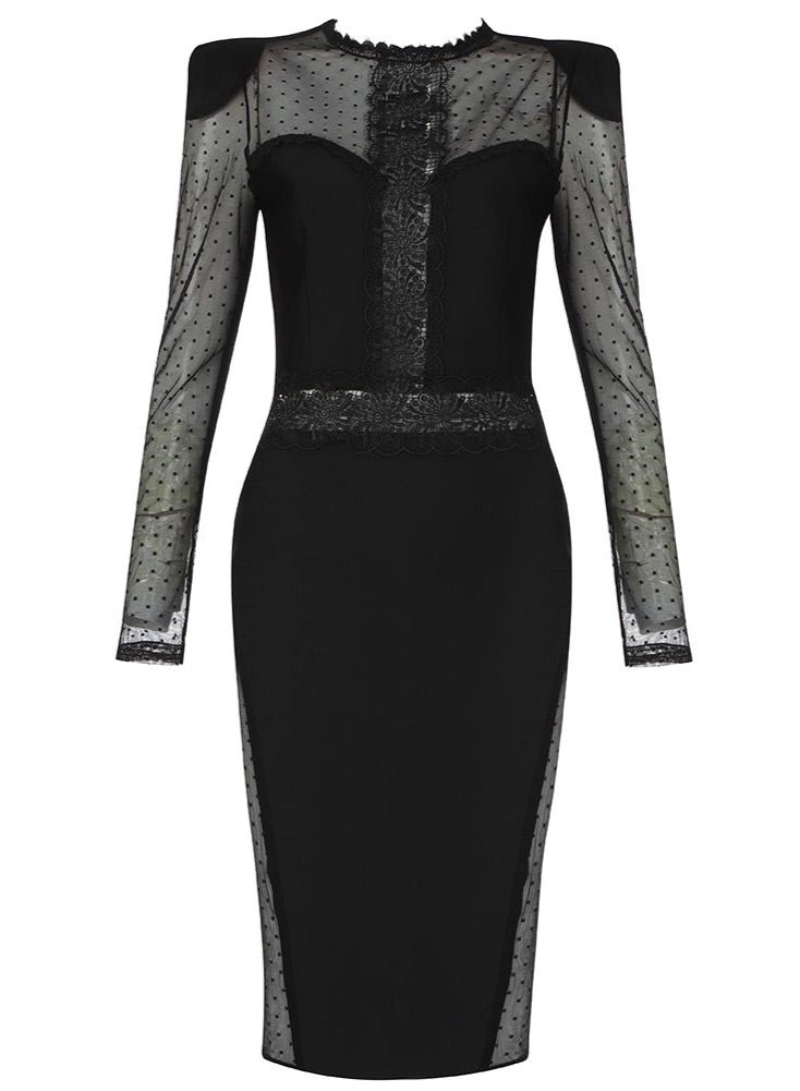 Leila Black Lace Mesh Long Sleeve Midi Dress