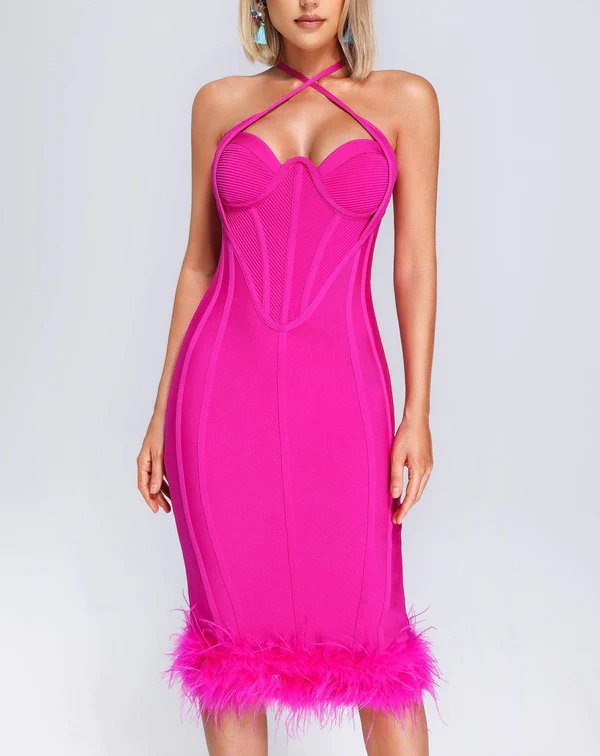 Alexandria Pink Sleeveless Halter Neck Midi Dress