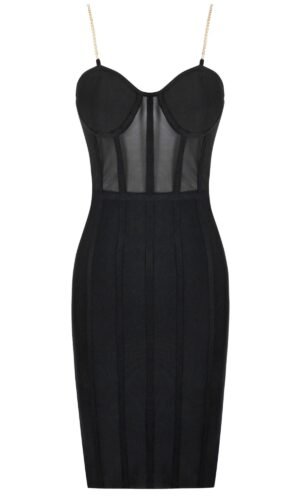 Jacqui Black Metal Strap Bandage Dress with Mesh