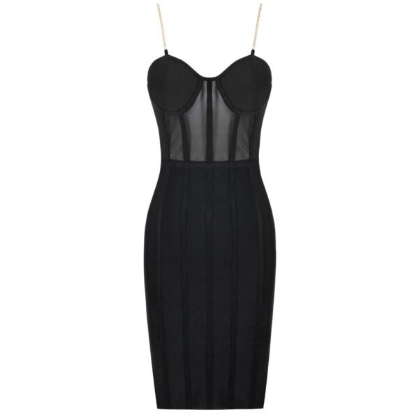 Jacqui Black Metal Strap Bandage Dress with Mesh