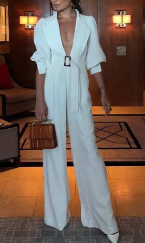 Kailani White V Neck 3/4 Sleeve Maxi Jumpsuit with Belt