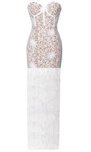 Stevie White Strapless Maxi Tassels Bandage Dress