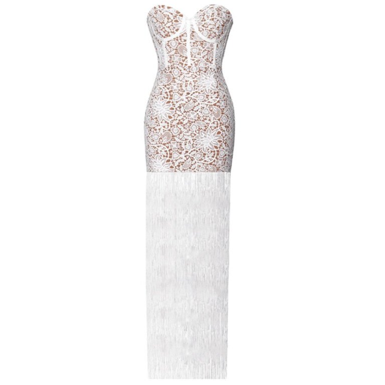 Stevie White Strapless Maxi Tassels Bandage Dress