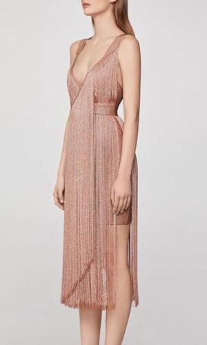Lucienne Pink Cross Back Tassel Midi Dress