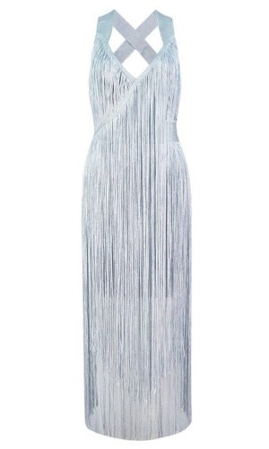 Lucienne Sliver Cross Back Tassel Midi Dress