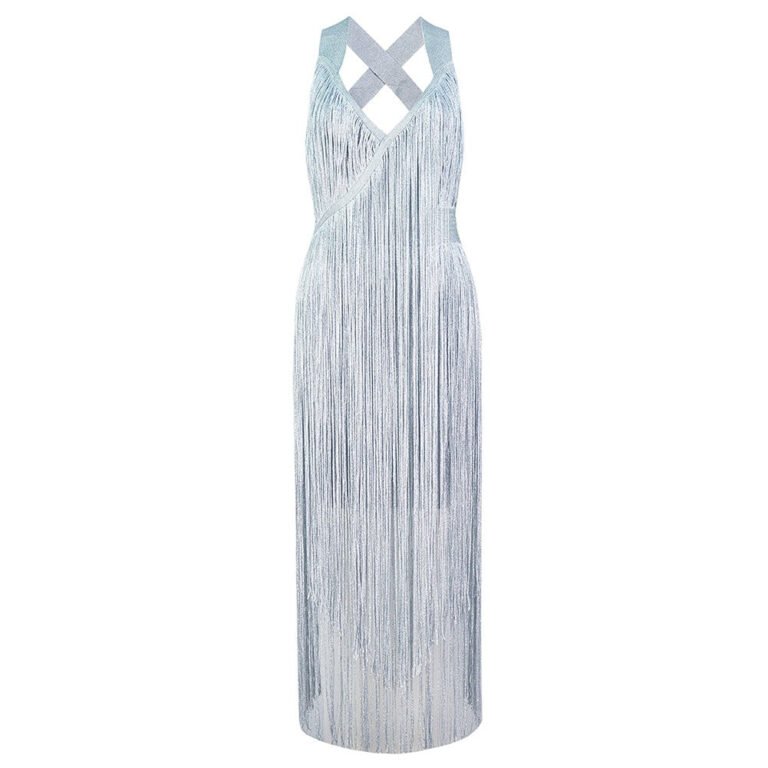 Lucienne Sliver Cross Back Tassel Midi Dress