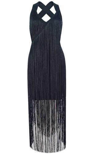 Lucienne Black Cross Back Tassel Midi Dress