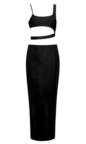 Jolene Black Asymmetric Two Piece Midi Set