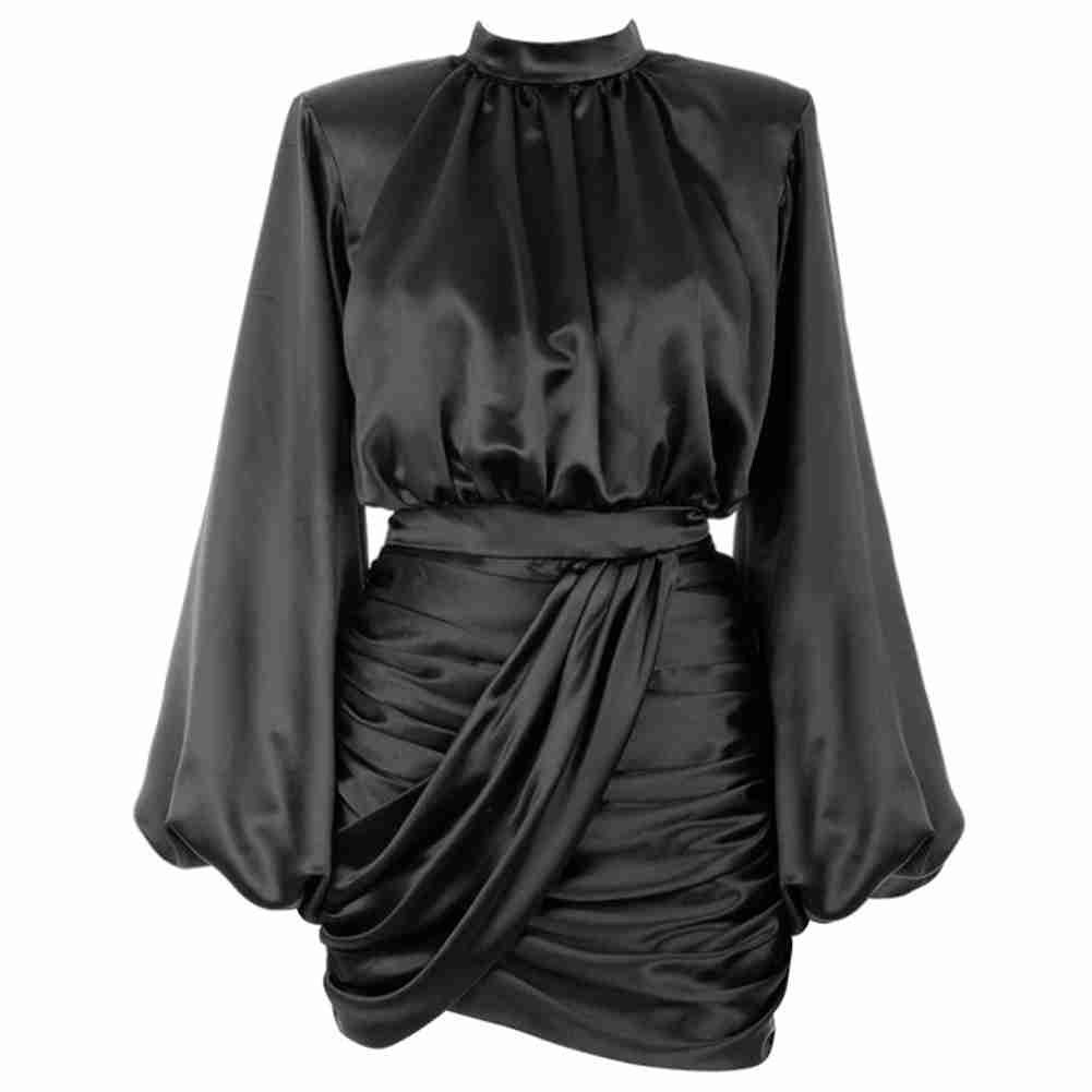 Valentina Black High Neck Long Sleeve Mini Satin Dress