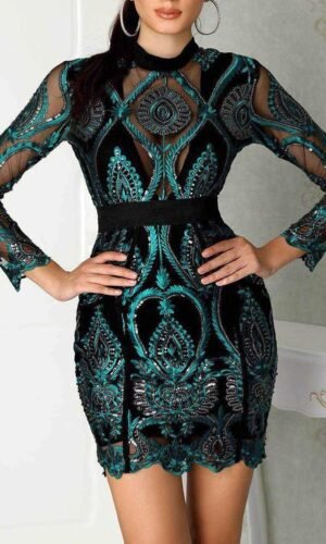 Kristanna Green Long Sleeve Mini Sequins Dress