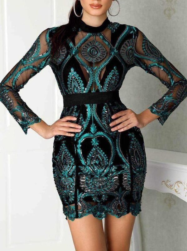 Kristanna Green Long Sleeve Mini Sequins Dress