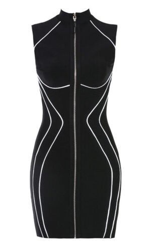 Thaleia Black High Neck Mini Front Zipper Bandage Dress