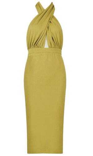 Lainey Green Halter Cross Over Front Midi Dress