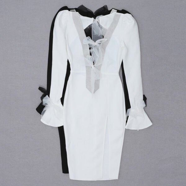 Meara White Long Sleeve V-Neck Midi Dress with Silver Trim - Image 4