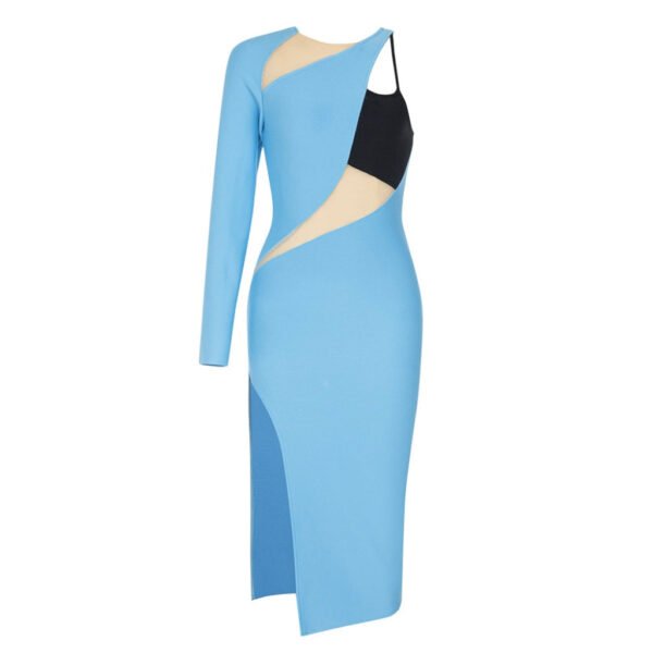 Abigail One Sleeve Blue Black Mesh Midi Dress