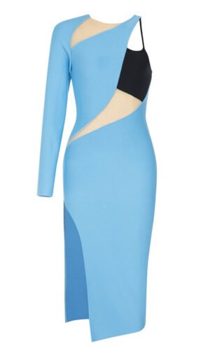 Abigail One Sleeve Blue Black Mesh Midi Dress