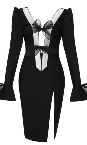 Meara Black Long Sleeve V-Neck Midi Dress with Silver Trim