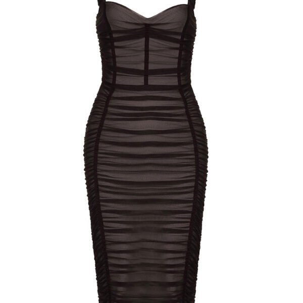 Iggy Black Draped Corset Spaghetti Strap Midi Dress