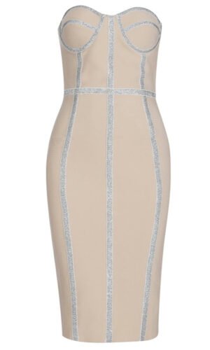 Violeta Beige Silver Strapless Midi Dress