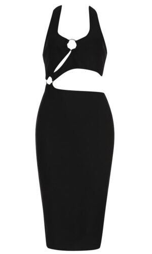 Jordyn Black Halter Asymmetric Midi Dress