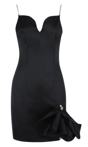 Leah Black Embellished Satin Mini Dress with Bow Detail