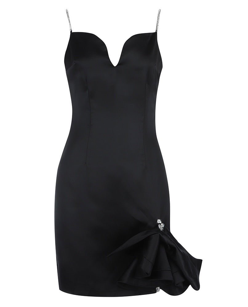 Leah Black Embellished Satin Mini Dress with Bow Detail