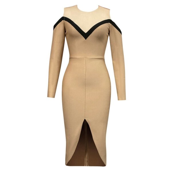 Arleth Long Sleeve Beige Black Midi Dress