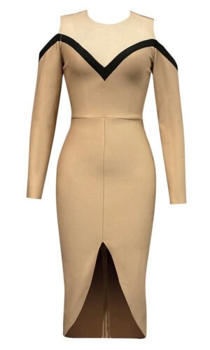 Arleth Long Sleeve Beige Black Midi Dress