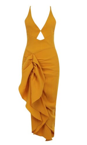 Helena Yellow Halter Backless Ruffle Midi Dress