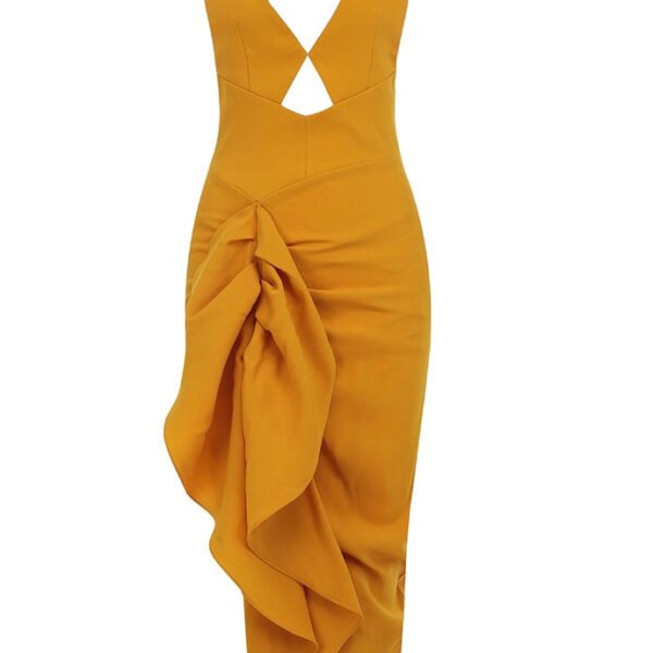 Helena Yellow Halter Backless Ruffle Midi Dress