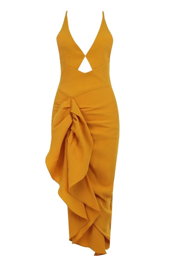 Helena Yellow Halter Backless Ruffle Midi Dress