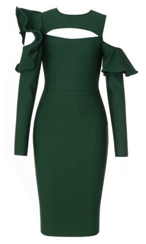 Nyra Long Sleeve Green Midi Dress with Ruffle Detail