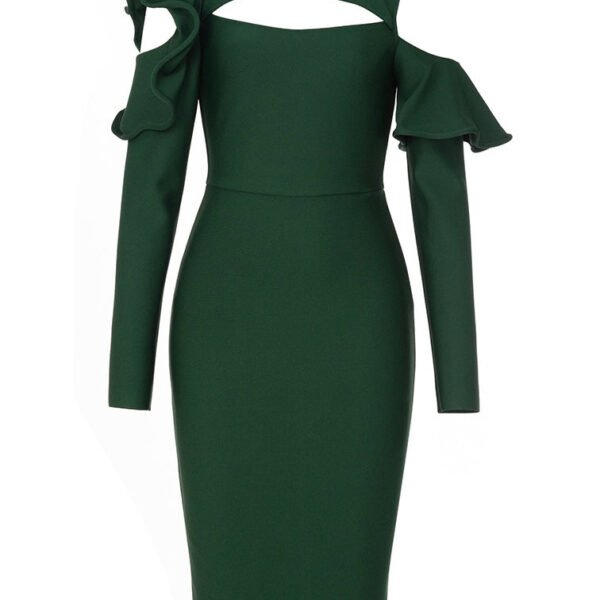 Nyra Long Sleeve Green Midi Dress with Ruffle Detail