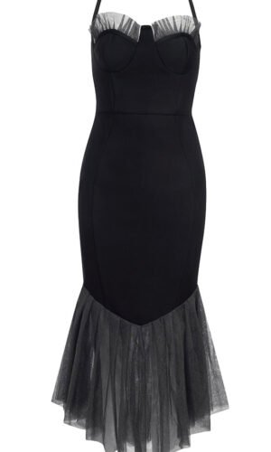 Calliope Black Halter Bustier Mermaid Midi Dress with Mesh Hem