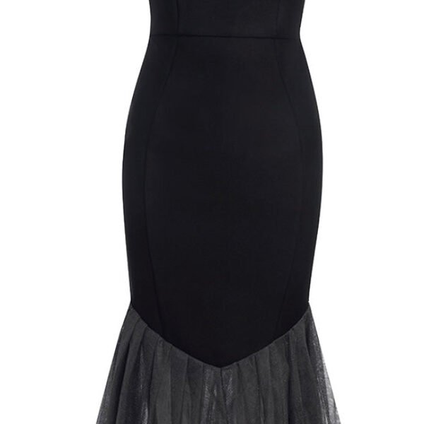 Calliope Black Halter Bustier Mermaid Midi Dress with Mesh Hem